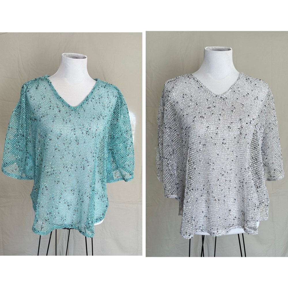 Bundle 2 Lulu-B Light Blue & Light Gray Open-Knit V-Neck Blouses XL lightweight